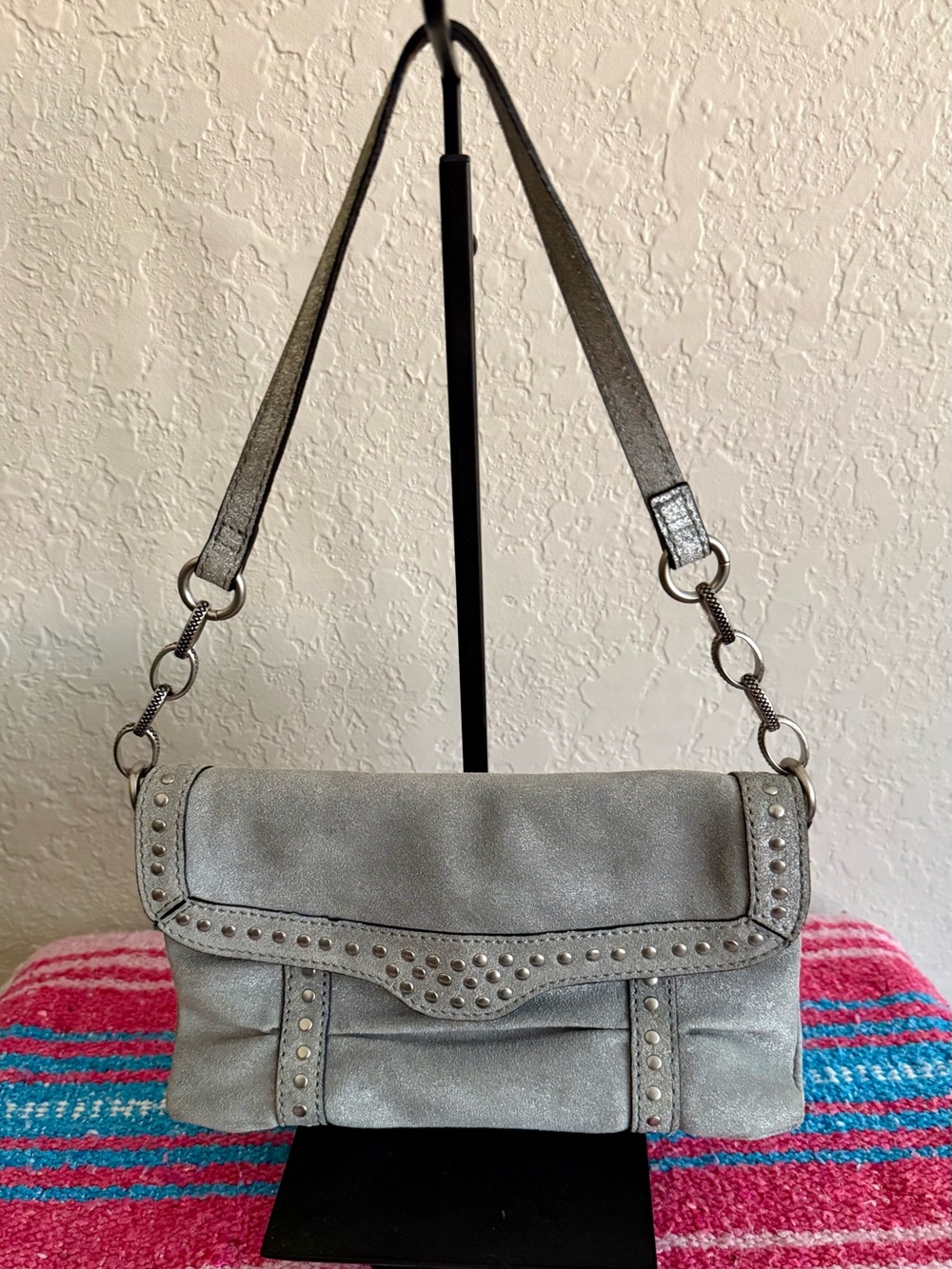 Fossil Metallic Silver Genuine Leather Studded Shoulder Bag Early 2010s
